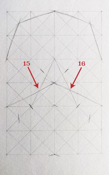 A diagram for drawing a human skull showing several steps. 